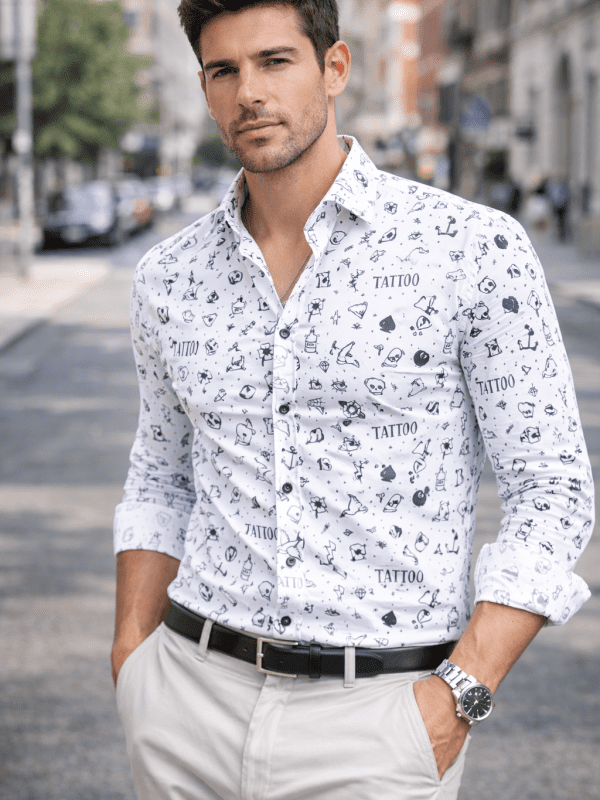 Camisa Monttesco Estampada Fantasía Rock and Roll fondo Blanco