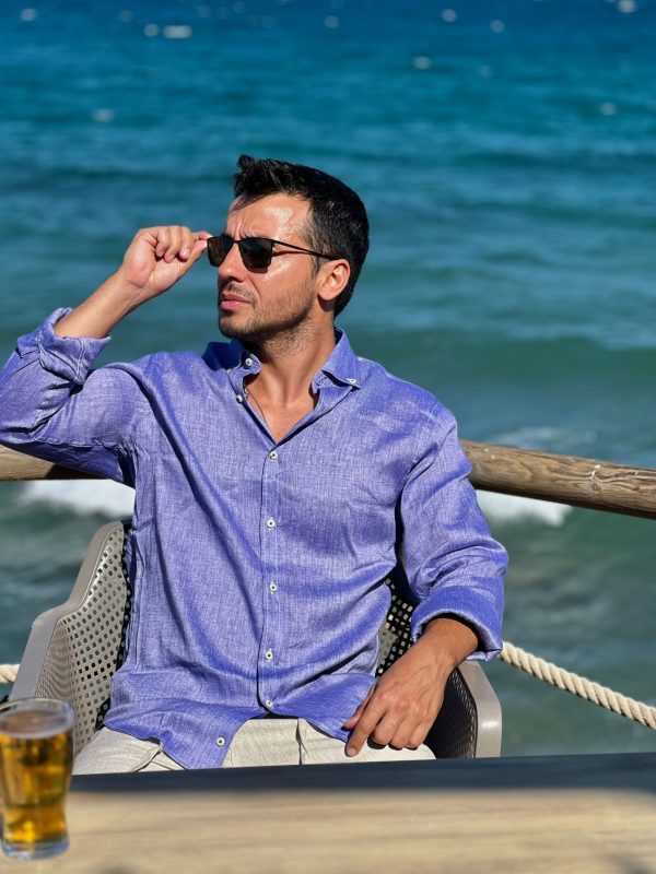 Camisa Monttesco Lino Manga Larga Azul