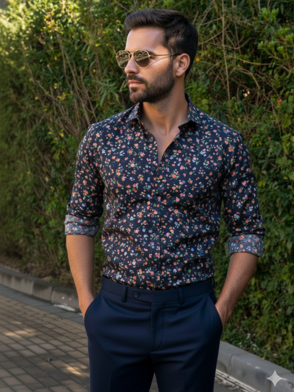 CAMISA FANTASIA MANGA LARGA FONDO NEGRO FLORES