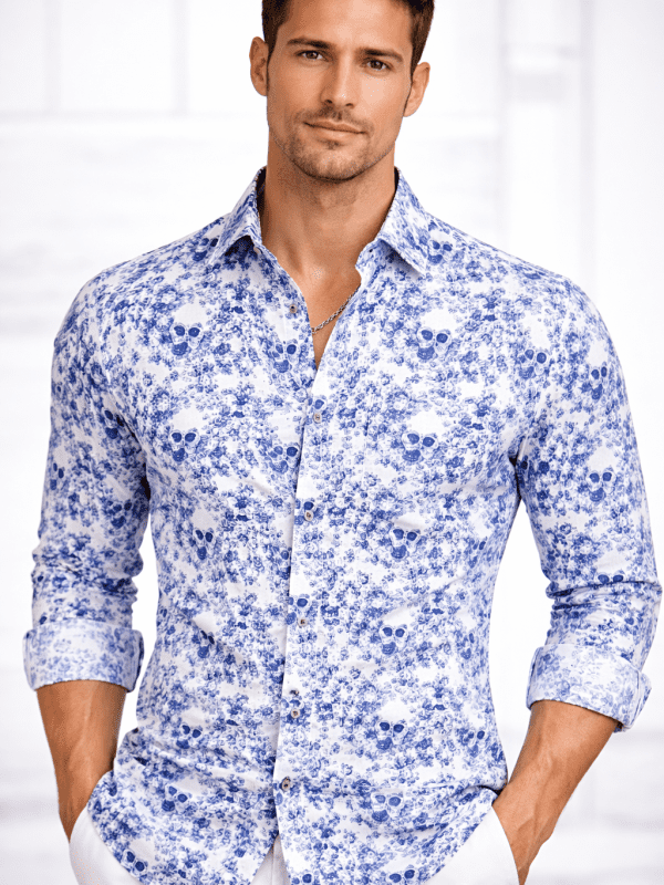 Camisa Monttesco Estampada Fantasías Calaveras azul marino fondo blanco